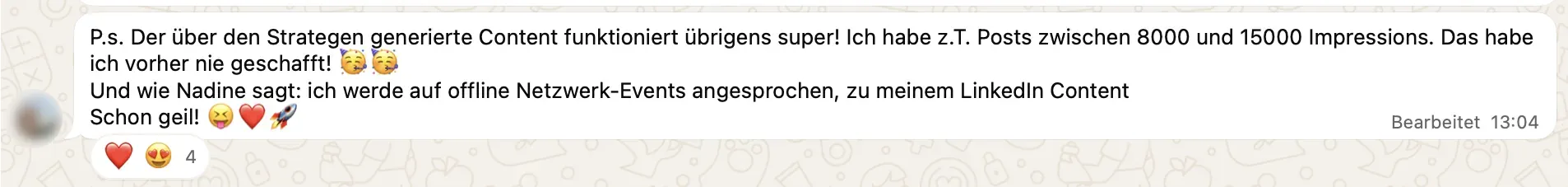 WhatsApp-Nachricht einer Teilnehmerin: 15.000 Views erreicht (zensiert)