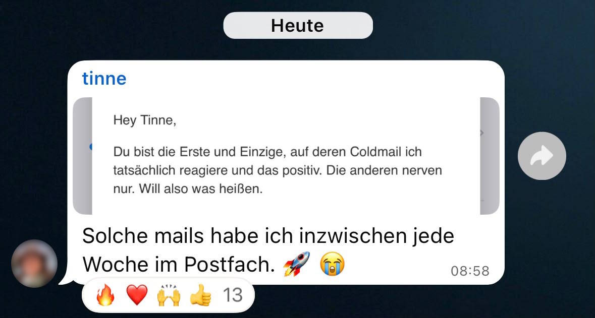 WhatsApp-Nachricht einer Teilnehmerin: Erfolg mit Cold-Mail (zensiert)