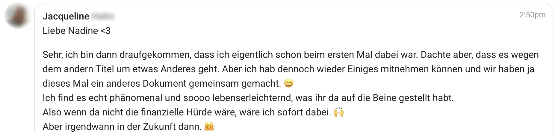 WhatsApp-Nachricht einer Teilnehmerin aus der Community (zensiert)