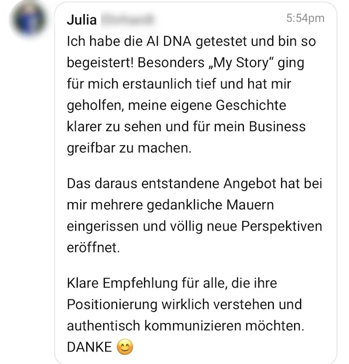 WhatsApp-Nachricht einer Teilnehmerin aus der Community (zensiert)