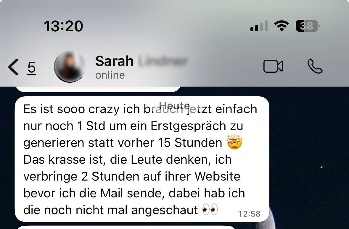 WhatsApp-Nachricht eines Teilnehmers: Erstgespräch nach nur einer Stunde (zensiert)