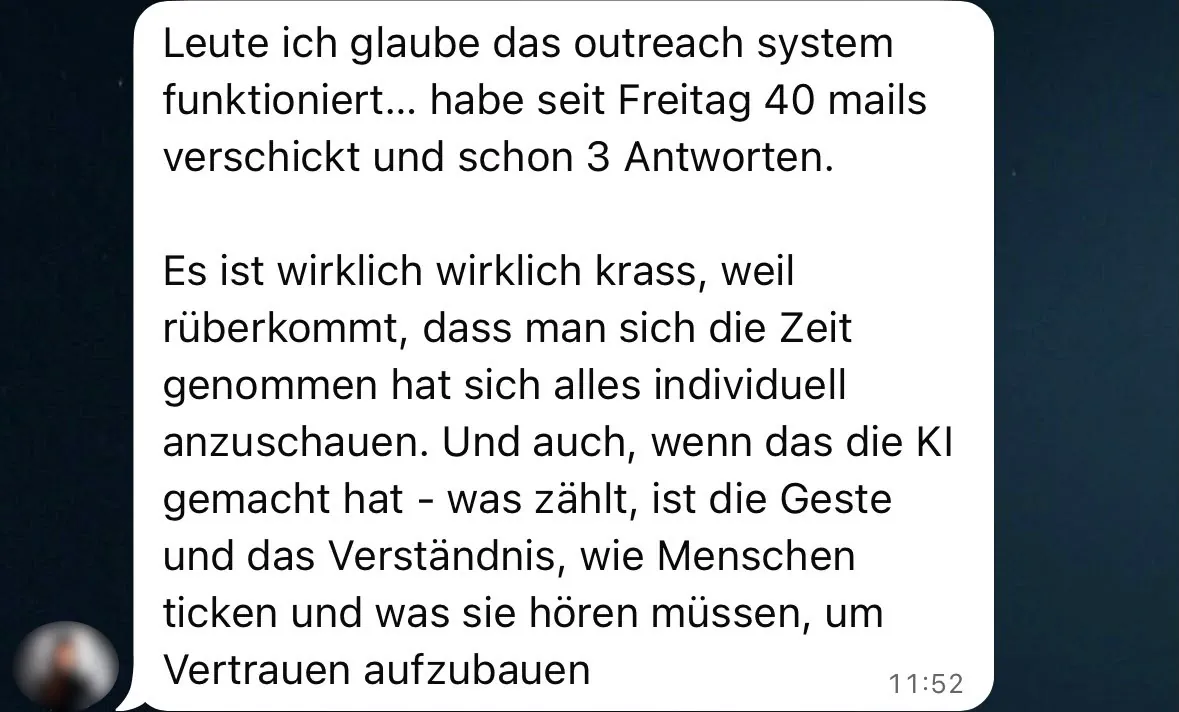 WhatsApp-Nachricht eines Teilnehmers: das System funktioniert (zensiert)